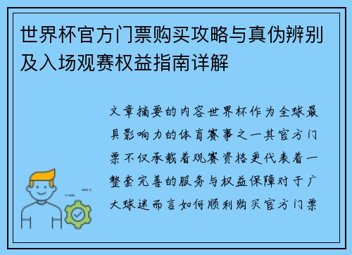 世界杯官方门票购买攻略与真伪辨别及入场观赛权益指南详解